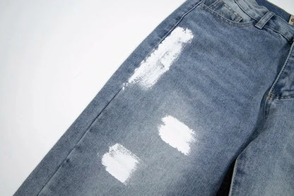 Retro Washed Spliced Denim High Brand Jeans