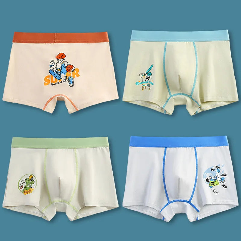 4PCS Teen Boys Cotton Antibacterial Underwear Cartoon Breathable