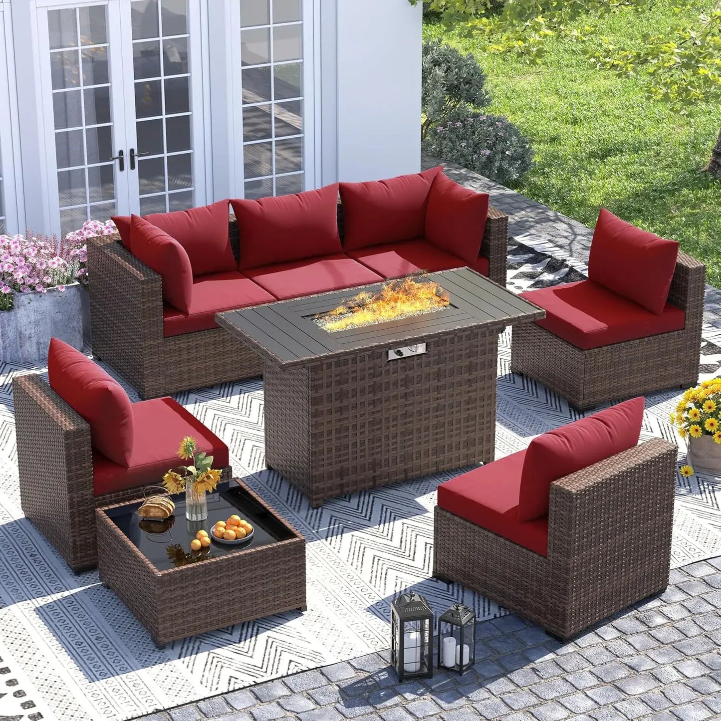 8 Piece Sectional Sofas, All-Weather With Fire Pit