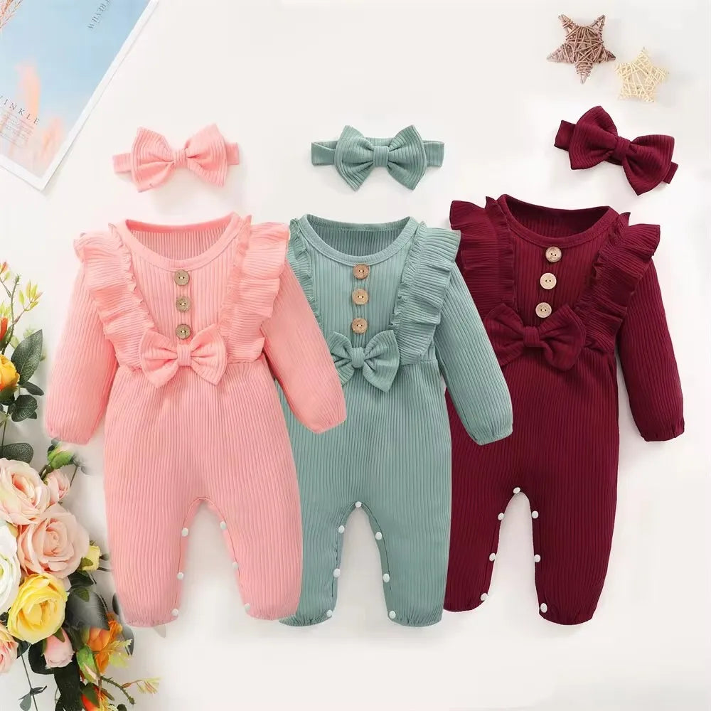 Girl Romper Long Sleeved Ruffle Bodysuit Headband