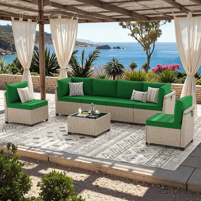 7-Piece Outdoor Rattan Sectional Sofa with Tempered Glass