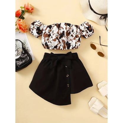 2PCS Girl Summer Clothes Set Off Shoulder Leopard