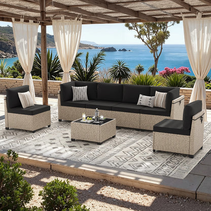 7-Piece Outdoor Rattan Sectional Sofa with Tempered Glass