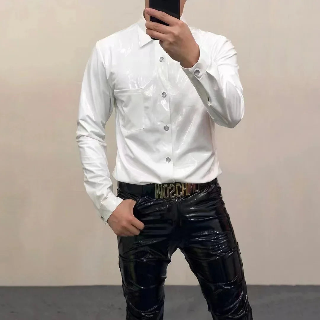 Men's Shiny Leather Casual Color Button-Down