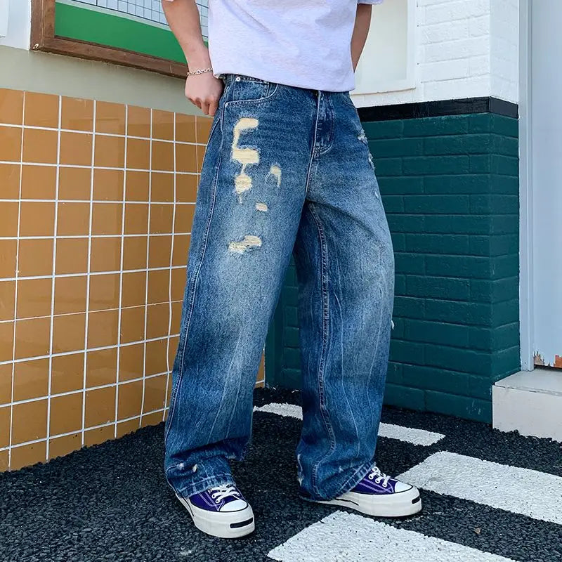 Men's Wide-Leg Jeans Retro Trendy Distressed