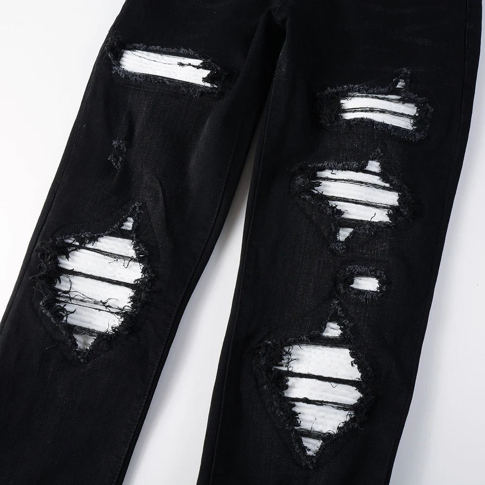 Men's White Pleated Patch Denim Jeans Streetwear