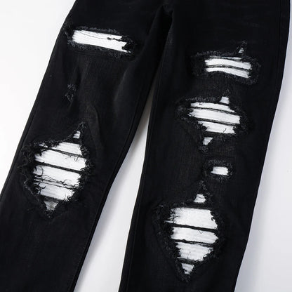 Men's White Pleated Patch Denim Jeans Streetwear