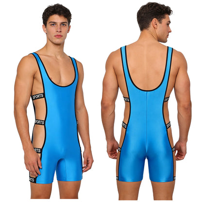Mens Oil-shiny Workout Bodysuit Low Neckline