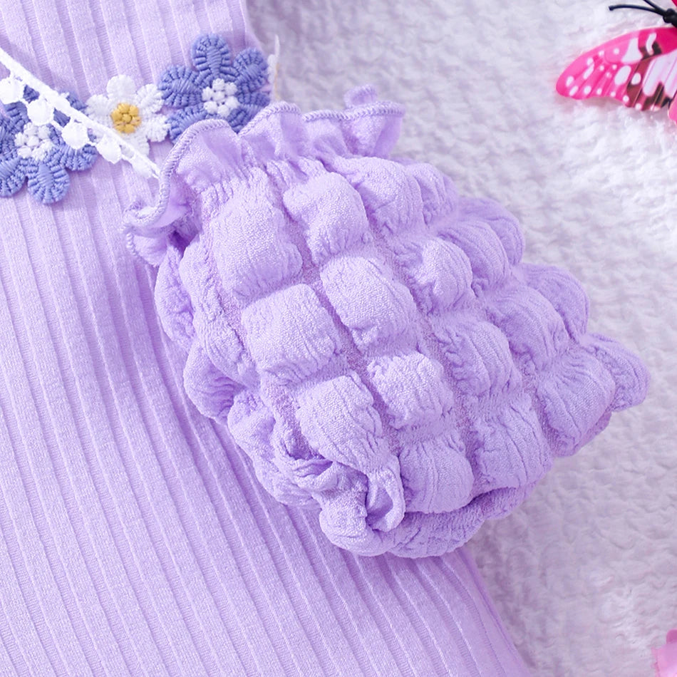 Girls Bubble Sleeve Ribbed Short Romper Set