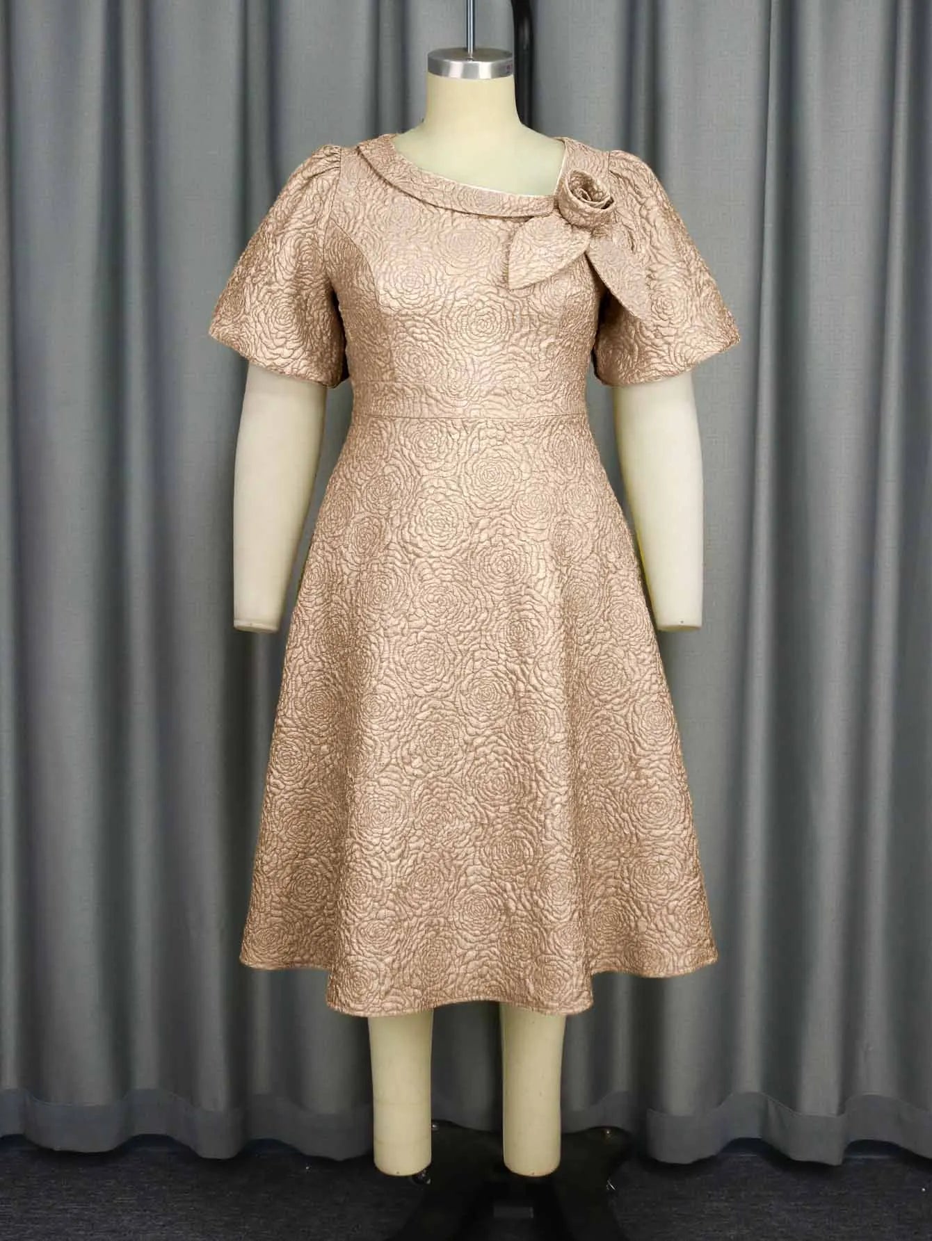 Elegant A-line Dress Short Sleeve 3D Puff Sleeves