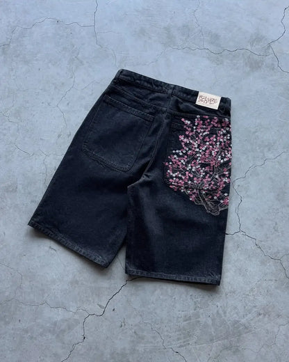 Embroidered Straight Short Denim Wide-Leg Jeans