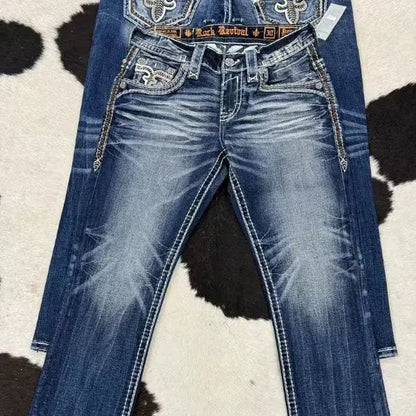 Blue Embroidered Men's and Women's Retro Trendy Jeans
