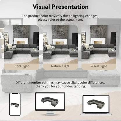 Modern U-Shaped Oversized Chaise Lounge, Cup Holders