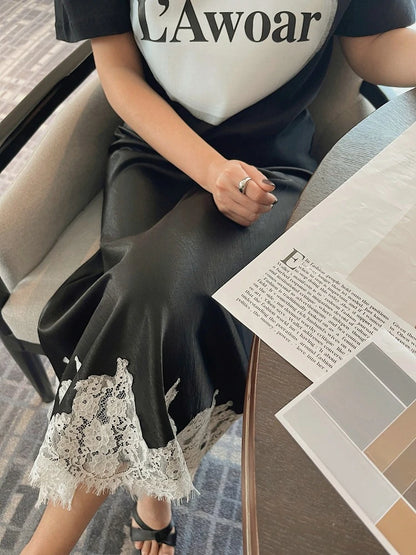 Satin Lace Patchwork Midi Skirt Elegant Women