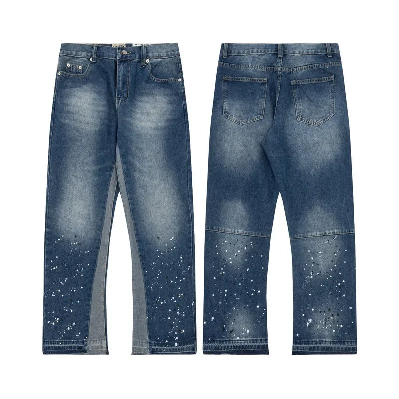 Retro Washed Spliced Denim High Brand Jeans