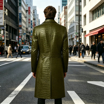 Men's Crocodile Leather Trench Coat Luxury Long