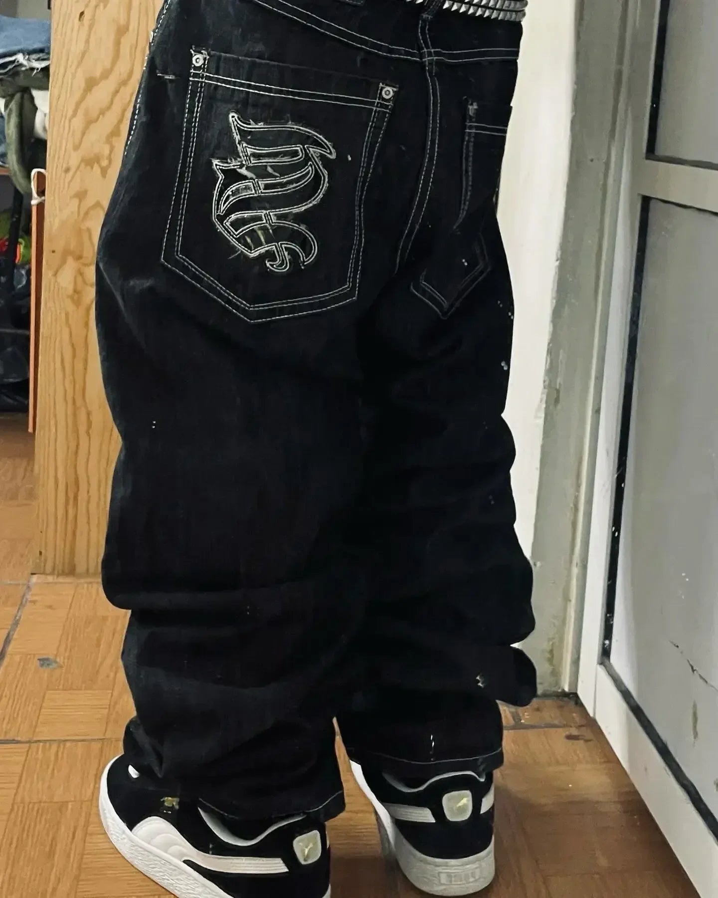 Retro Hipster Men Embroidered Graphics Loose Jeans