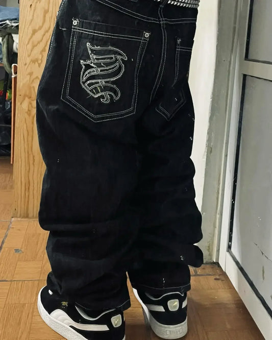 Retro Hipster Men Embroidered Graphics Loose Jeans