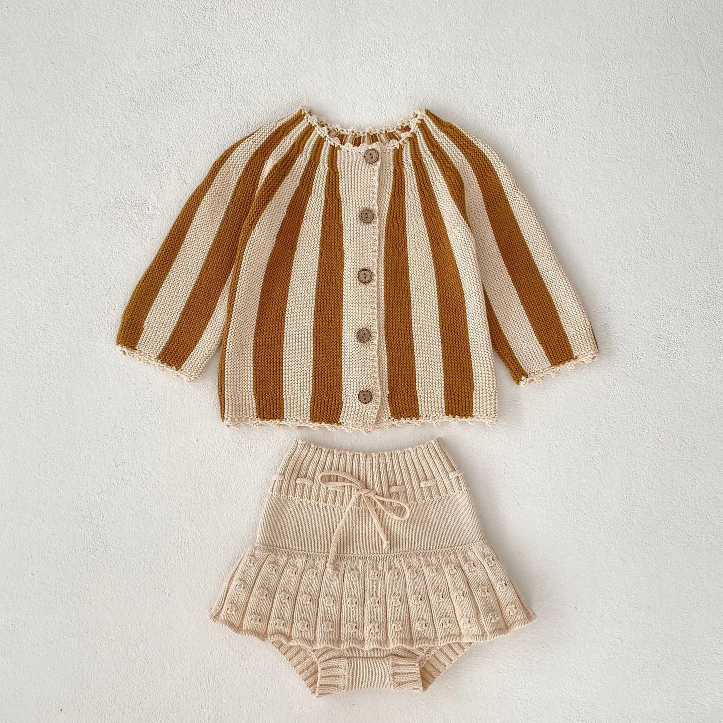 2 Pcs Baby Girls Long Sleeve Striped Cardigan Coat+ Shorts
