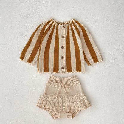 2 Pcs Baby Girls Long Sleeve Striped Cardigan Coat+ Shorts
