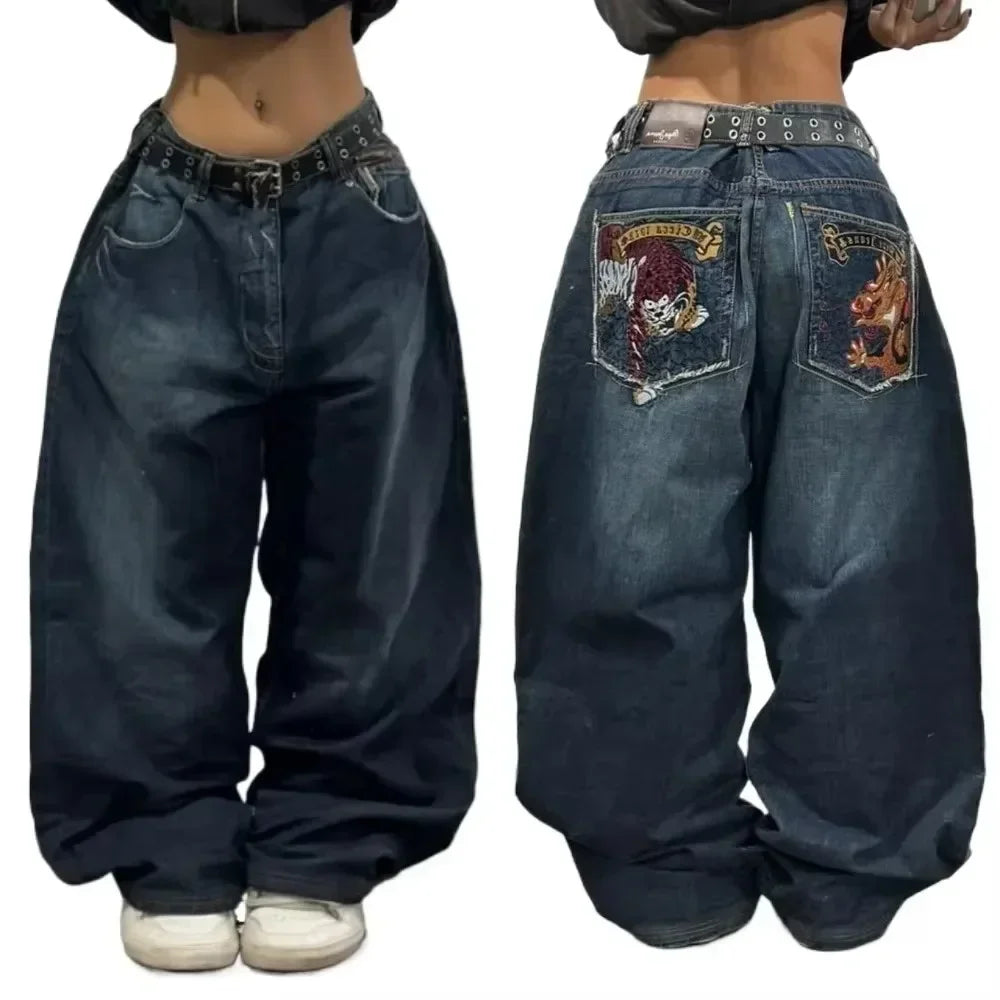Retro Hipster Men Embroidered Graphics Loose Jeans