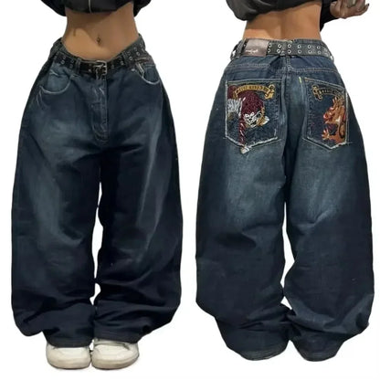 Retro Hipster Men Embroidered Graphics Loose Jeans