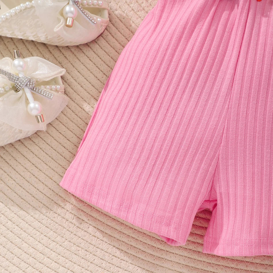 Girls Bubble Sleeve Ribbed Short Romper Set