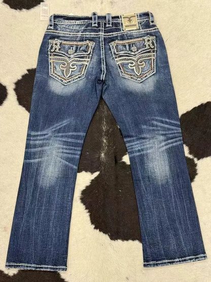 Blue Embroidered Men's and Women's Retro Trendy Jeans