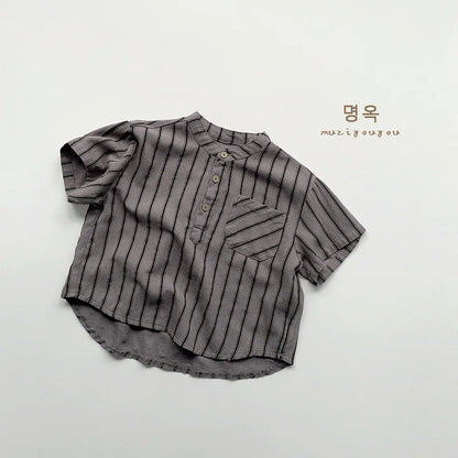 Boys Cotton Striped Pocket Casual Short Sleeve