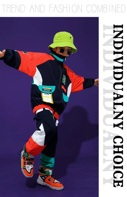 2 Pcs Boys/Girls Hip Hop Contrast Jacket Loose Pants