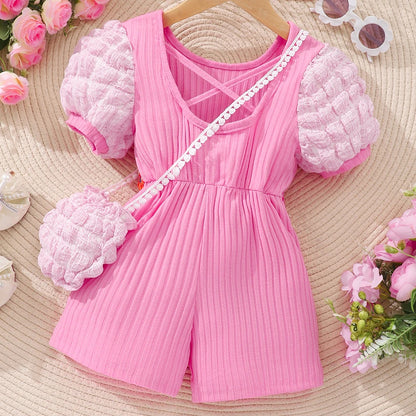 Girls Bubble Sleeve Ribbed Short Romper Set