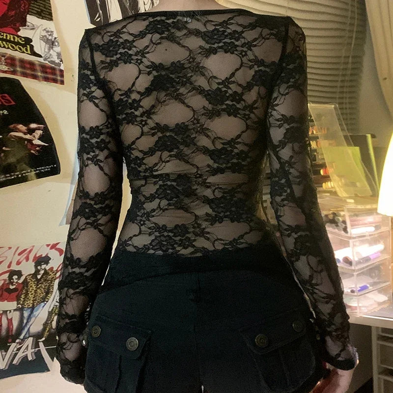 Black Gothic T-shirt For Women Club Lace