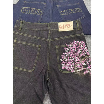 Embroidered Straight Short Denim Wide-Leg Jeans