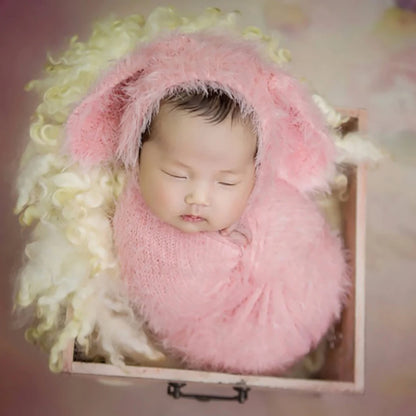 Vintage Knit Stretch Fuzzy Wrap And Bunny Hat