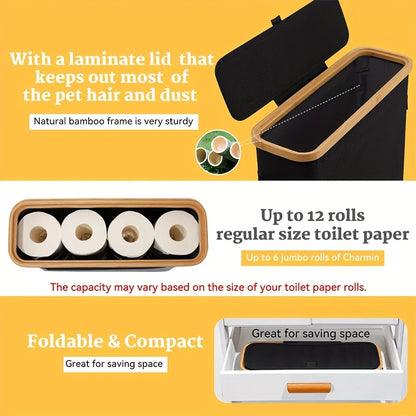 Bamboo toilet paper holder with lid organizer