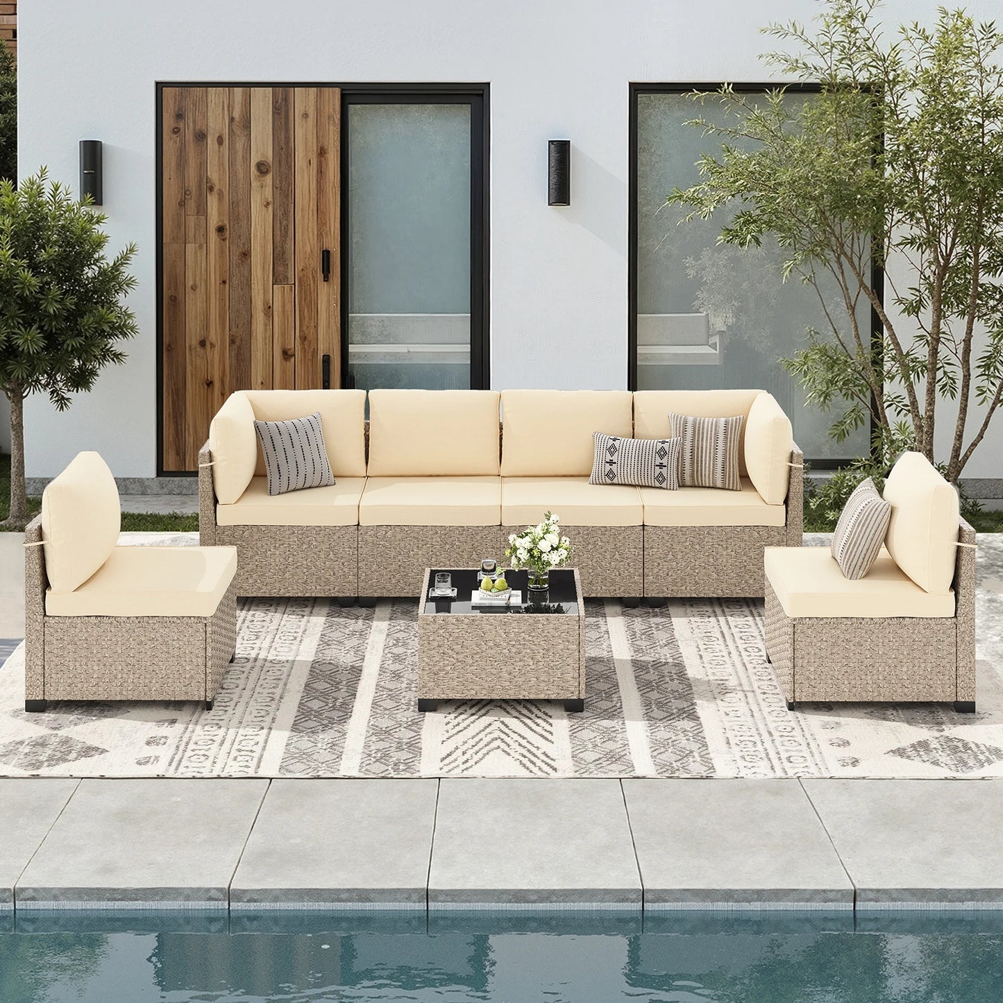 7-Piece Outdoor Rattan Sectional Sofa with Tempered Glass
