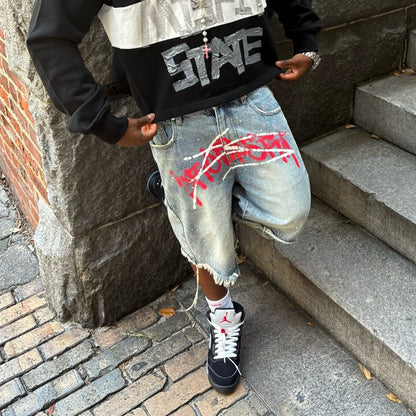 Graffiti Rhinestone Denim Baggy Shorts Men Women
