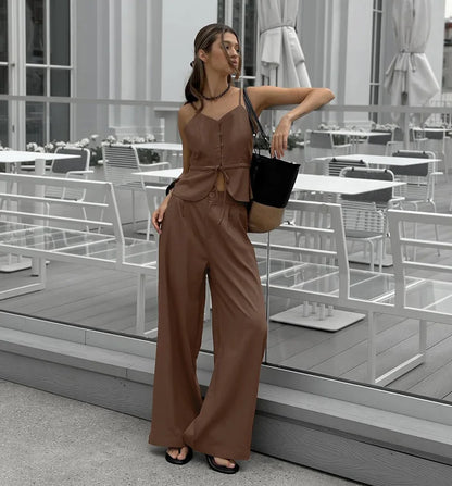 2 Pcs Office Pant Suits Solid Beige Wide Leg