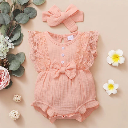 0-18 Month Solid Color Sleeveless Round Neck Lace Edge