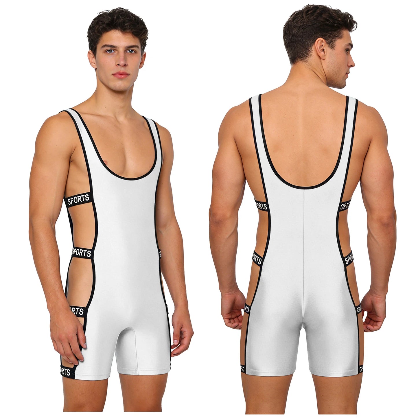Mens Oil-shiny Workout Bodysuit Low Neckline