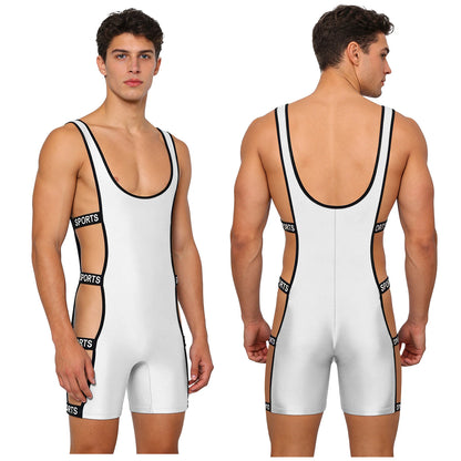 Mens Oil-shiny Workout Bodysuit Low Neckline