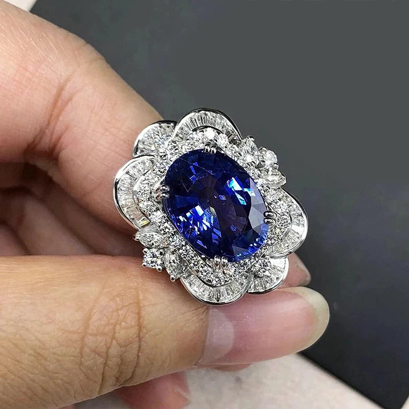 Luxury Women Rings with Oval Blue Flower Design