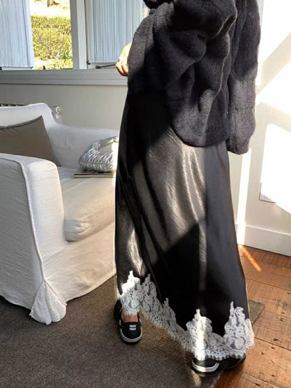 Satin Lace Patchwork Midi Skirt Elegant Women