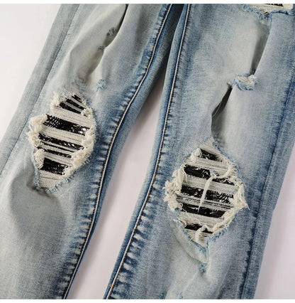 Men Paisley Bandana Print Patch Jeans Skinny