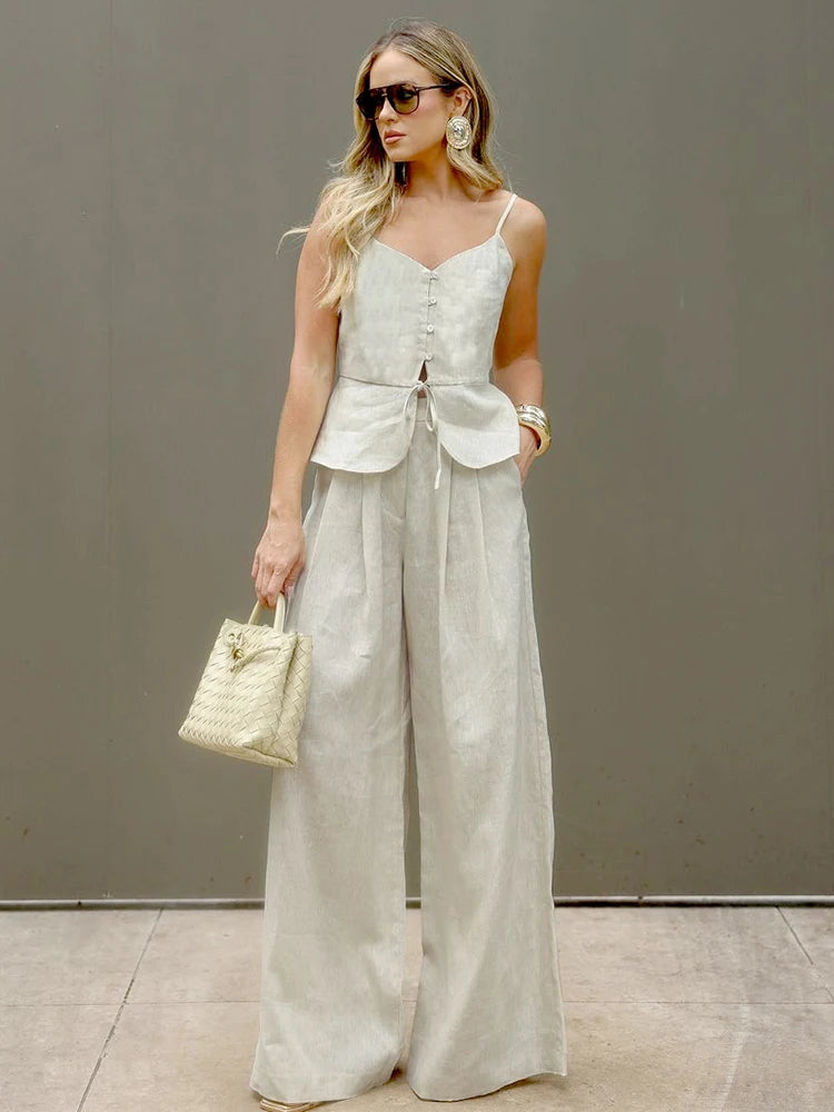 2 Pcs Office Pant Suits Solid Beige Wide Leg