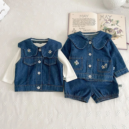 2 Pcs Lapel Denim Baby Girl Romper Set