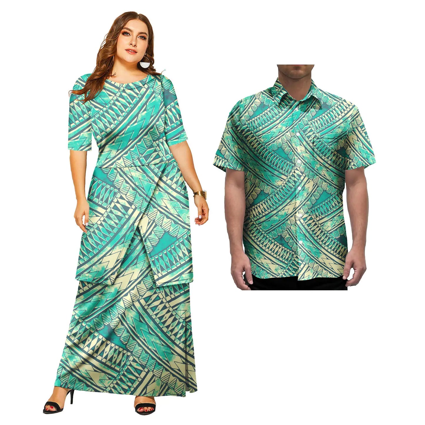 2 Pcs Custom Polynesian Traditional Dresses and Mens Shirts