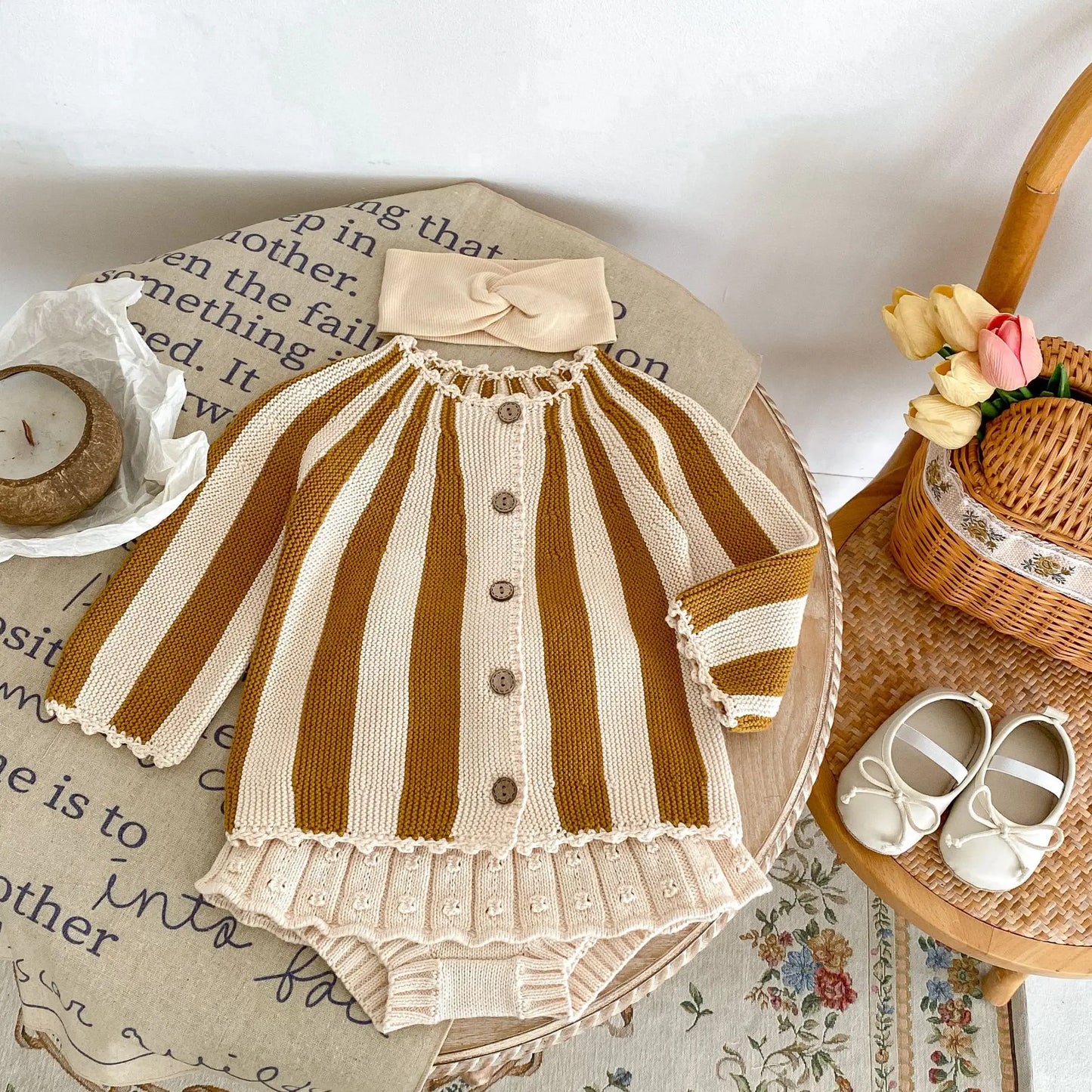 2 Pcs Baby Girls Long Sleeve Striped Cardigan Coat+ Shorts