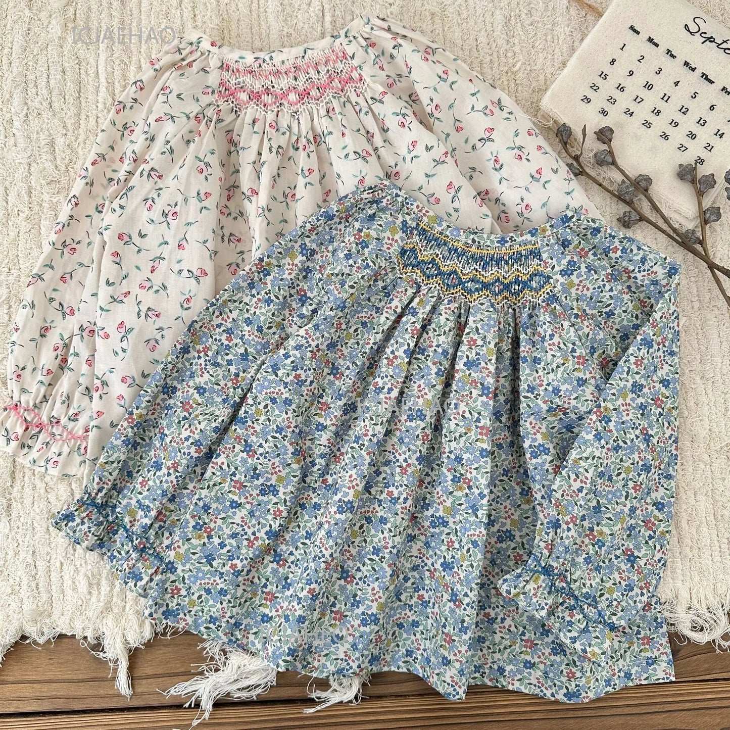 Girls Printed Hand Smocked Blouse Cotton Shirt