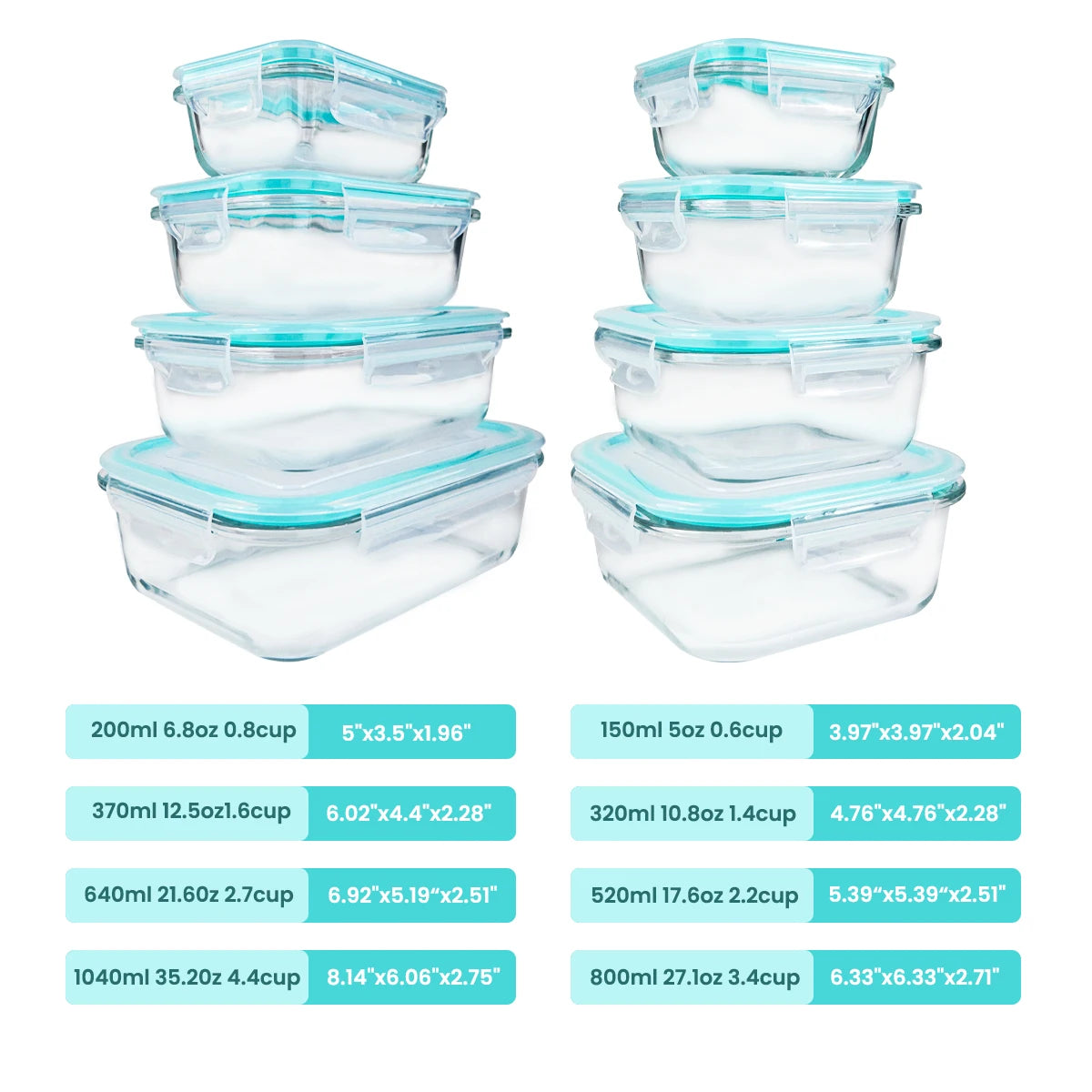 8pcs Glass Food Storage Containers Microwave & Oven Safe